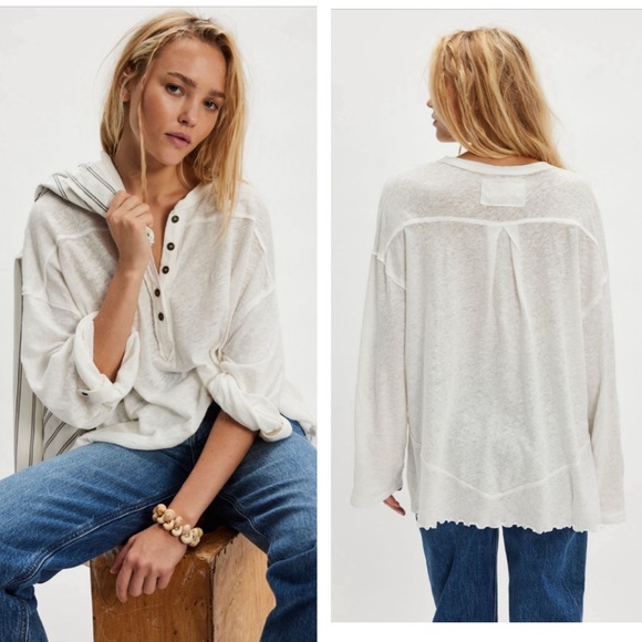 We The People Tops - We The Free Cotton-Linen Henley Tee. Color Clean Ivory.